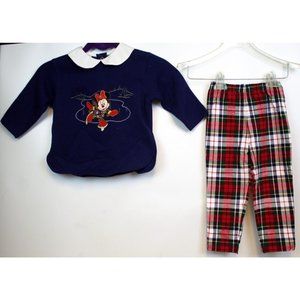 NWT VTG 90s Disney Store 2 Pc Outfit Fleece Shirt Minnie Mouse Plaid Pants 24 m